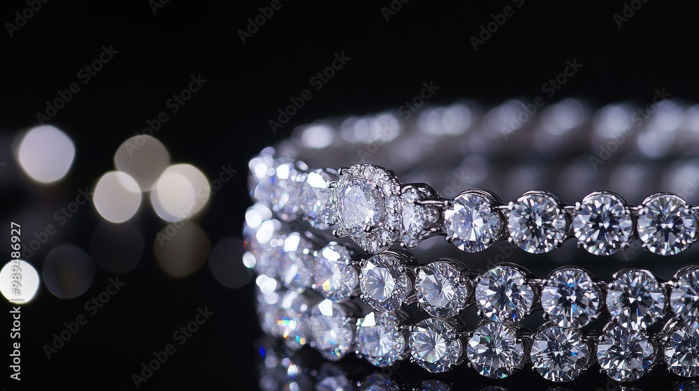 Sparkling diamond bracelets stand out against a dark backdrop. Sparkling diamond bracelets stand out against a dark backdrop.