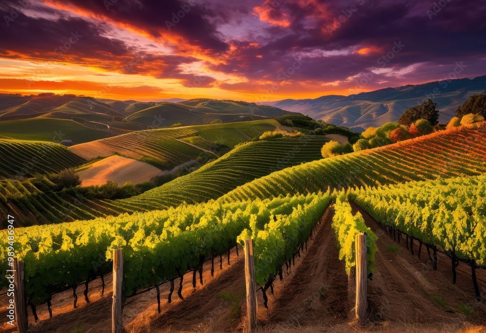 Fototapeta premium breathtaking vineyard landscape sunset featuring rolling lush green rich dramatic skies enhancing tranquil evening experience, hills, greens, sky