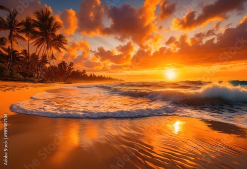 vibrant colorful beach scenes featuring lush bright sun kissed sunsets tropical foliage awash shimmering light, sand, water, waves, sky, clouds, rock