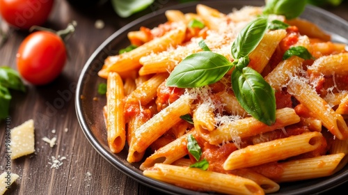 Spicy penne pasta with a tomato sauce, topped with fresh basil and parmesan cheese. photo