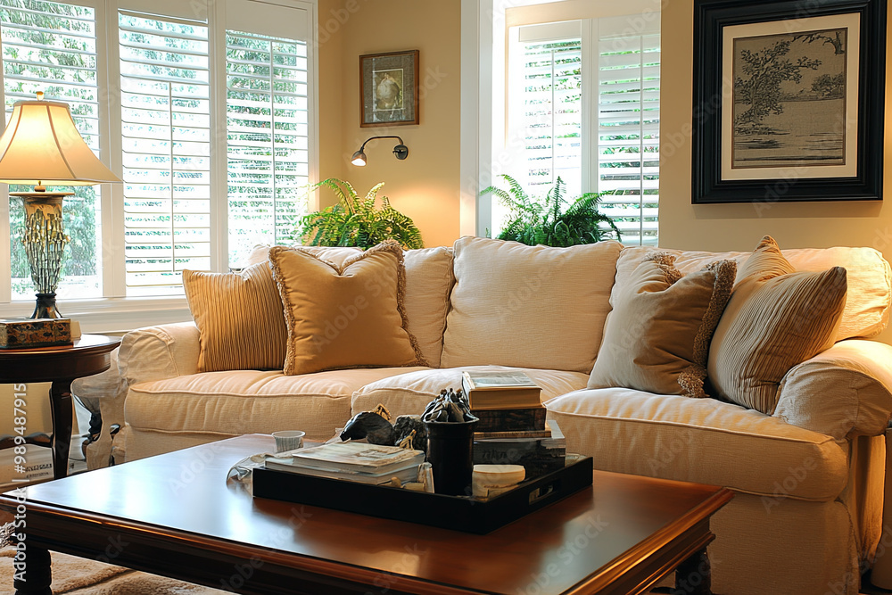 Fototapeta premium Cozy living room with a light beige sofa and a warm, inviting atmosphere