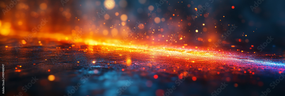 Fototapeta premium Red and blue light streaks across a dark surface.