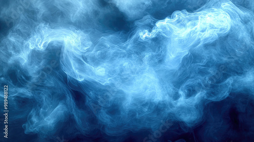 A mesmerizing cloud of blue smoke twists and turns elegantly, creating fluid shapes in the dark atmosphere