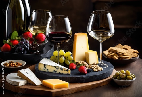 close elegant wine glasses surrounded varieties fresh artisan accoutrements perfect gourmet gatherings, cheese, fruit, platter, pairing, elegance, white photo