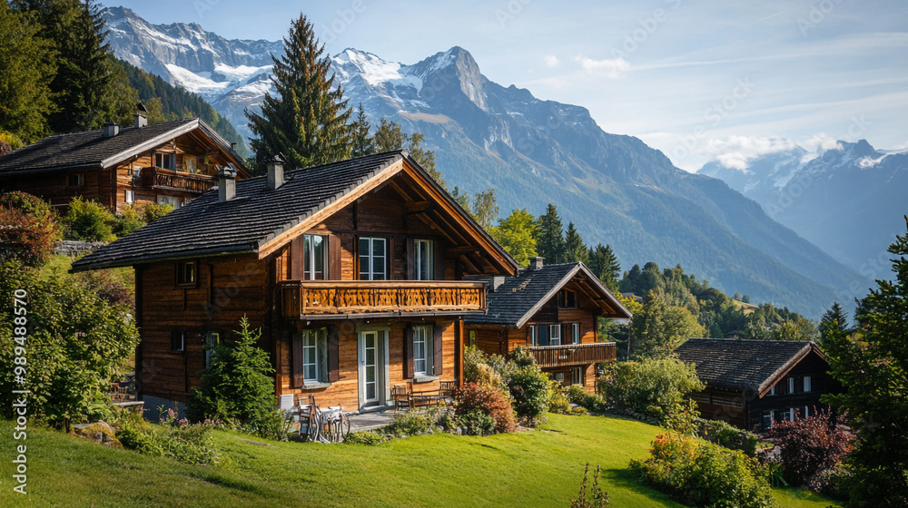 Scenic wooden chalets nestled in the Swiss mountains during a clear autumn afternoon Scenic wooden chalets nestled in the Swiss mountains during a clear autumn afternoon