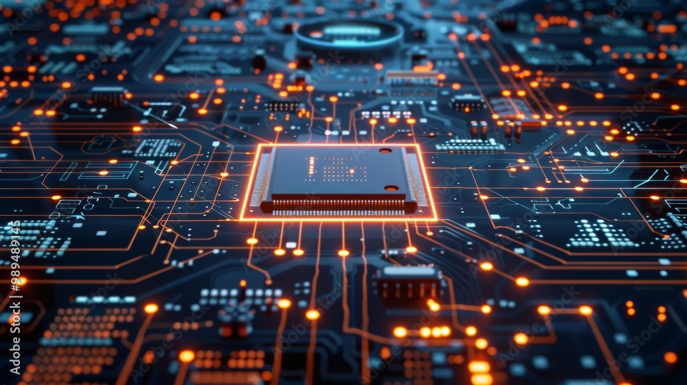 Obraz premium Close-Up of Microprocessor on Glowing Circuit Board