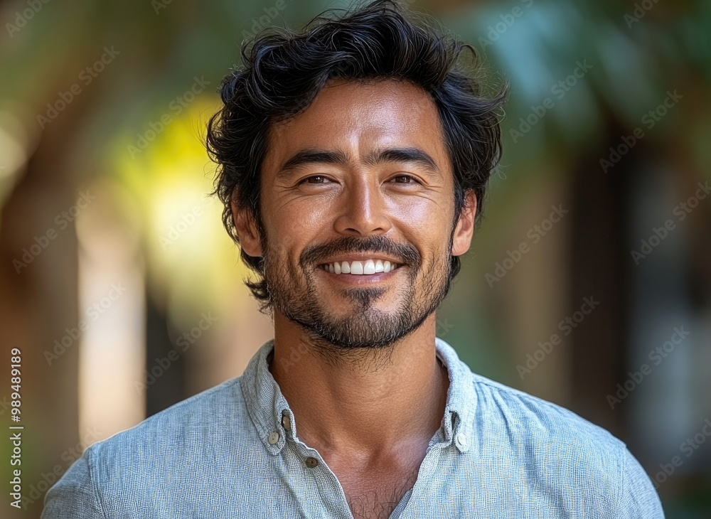 A cheerful man with curly hair is smiling warmly, dressed casually, enjoying the sunlight in a relaxed outdoor setting A cheerful man with curly hair is smiling warmly, dressed casually, enjoying the sunlight in a relaxed outdoor setting