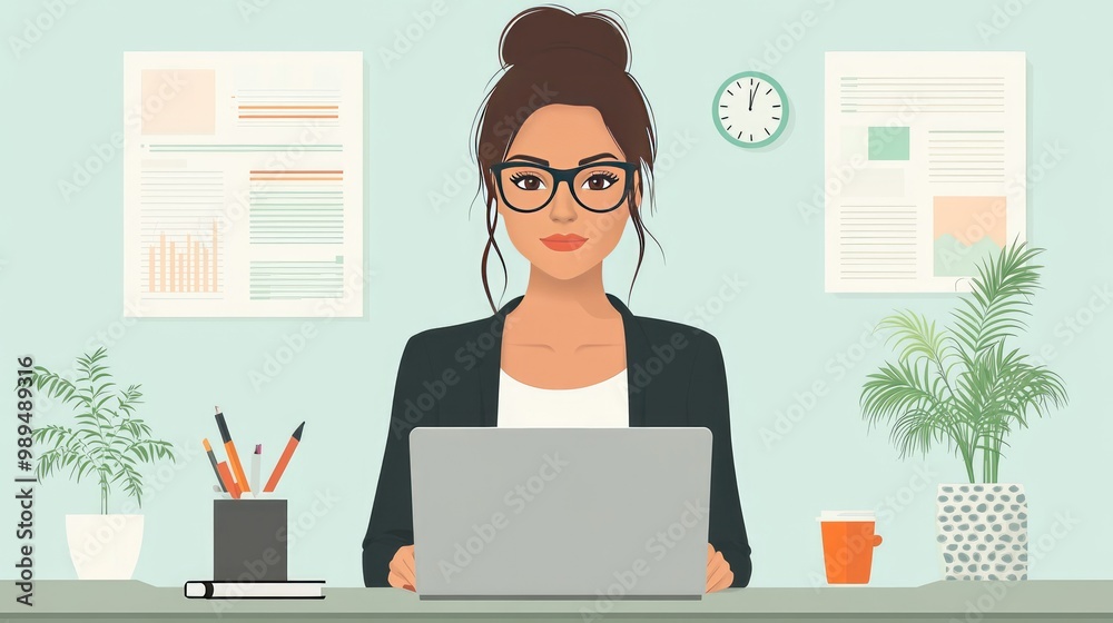 Modern Woman Working from Home Desk on Laptop with Office Supplies, Plants, and Wall Charts Modern Woman Working from Home Desk on Laptop with Office Supplies, Plants, and Wall Charts