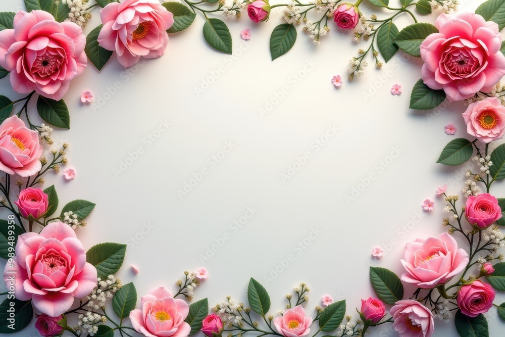 Pink Roses and Delicate White Flowers Arranged in a Frame Shape Pink Roses and Delicate White Flowers Arranged in a Frame Shape