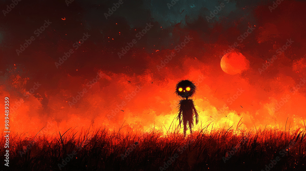 A dark silhouette with glowing eyes stands amidst a vibrant, fiery background at twilight, creating an eerie atmosphere A dark silhouette with glowing eyes stands amidst a vibrant, fiery background at twilight, creating an eerie atmosphere