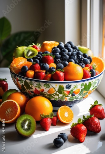 vibrant collection colorful fruits displayed beautiful bowl bright surface, apple, banana, berry, grape, kiwi, orange, pear, pineapple, plum, cherry