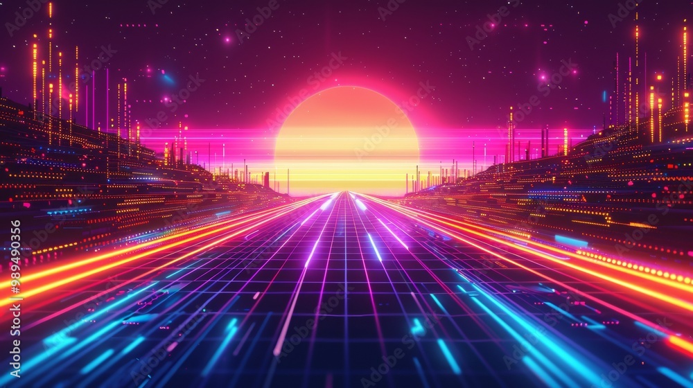 Fototapeta premium Retro Futuristic Neon Grid with Digital Sunset