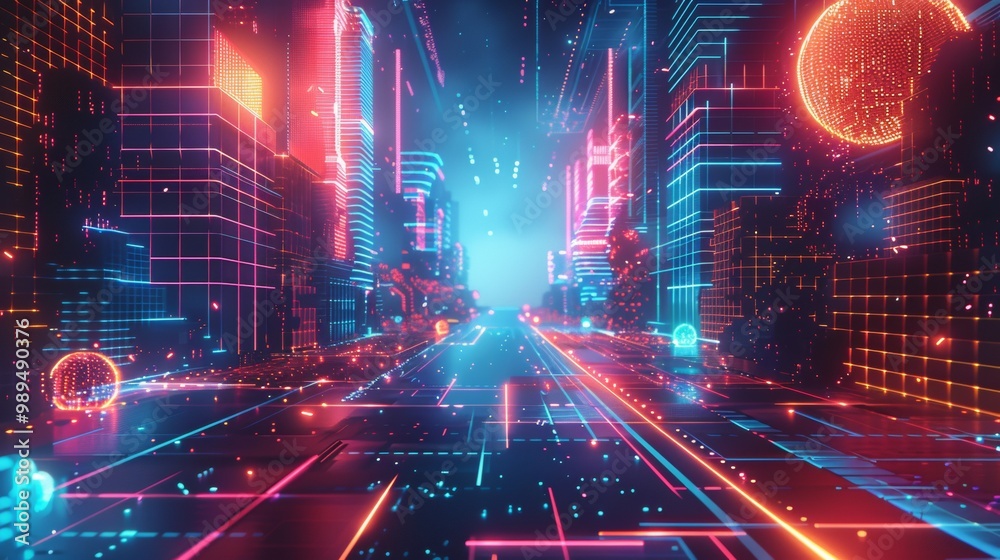 Fototapeta premium Futuristic Neon Cityscape with Digital Grid
