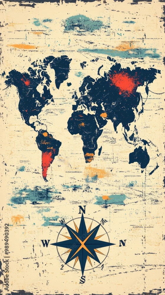 Naklejka premium Vintage World Map Poster with Compass - Antique Travel Art