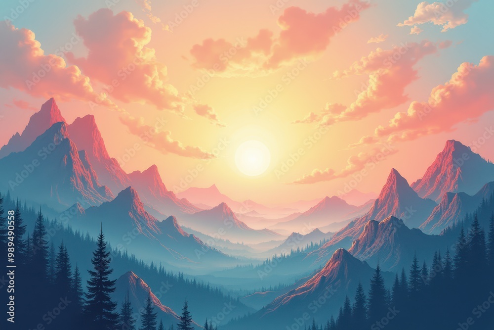 Mountainous Landscape with Sun Setting Behind Clouds