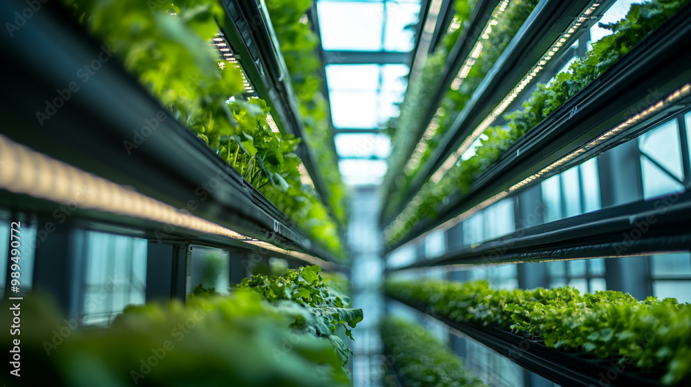 Indoor vertical farming system growing fresh greens under artificial light in a greenhouse Indoor vertical farming system growing fresh greens under artificial light in a greenhouse