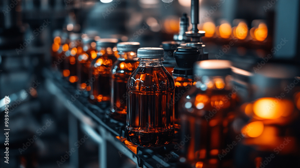 Bottles of amber liquid moving along a production line in a dimly lit manufacturing facility Bottles of amber liquid moving along a production line in a dimly lit manufacturing facility