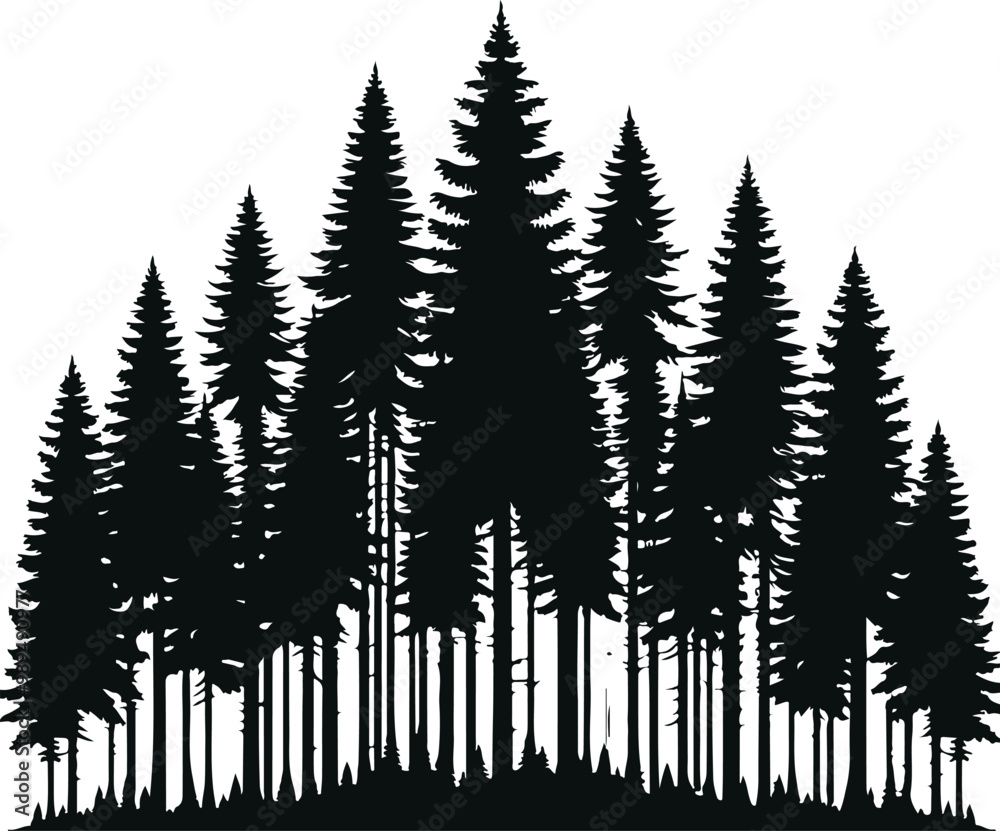 Fotografie Hand Drawn Panorama Pine Tree Forest Glyph Icon Set Vector Illustration Design S