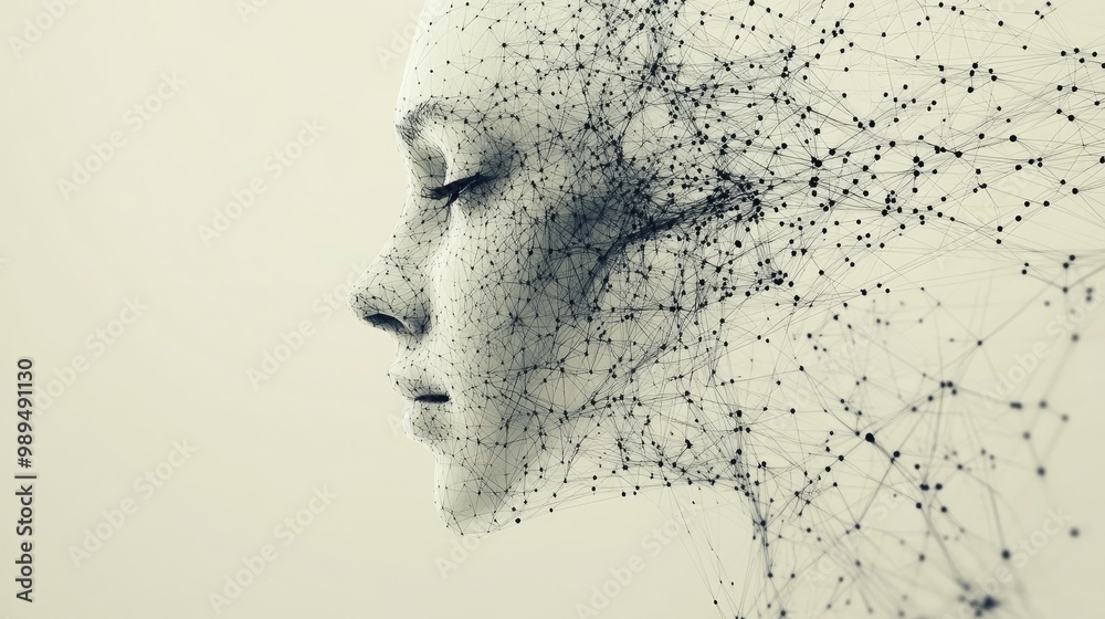 Digital Transformation: Abstract Human Face with Network Connections and Technological Nodes Digital Transformation: Abstract Human Face with Network Connections and Technological Nodes