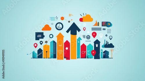 Data-Driven Business Growth with Arrows and Infographics on Blue Background