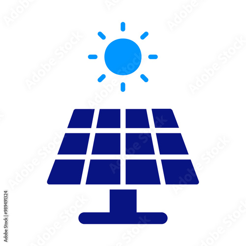 Blue solar panel with a blue sun icon above, symbolizing renewable energy and clean power generation. Represents solar technology and eco-friendly electricity production.