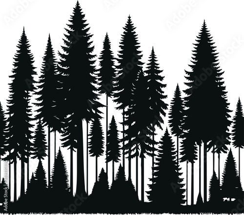 Hand Drawn Panorama Pine Tree Forest Glyph Icon Set Vector Illustration Design Silhouette Style On Isolated White Background