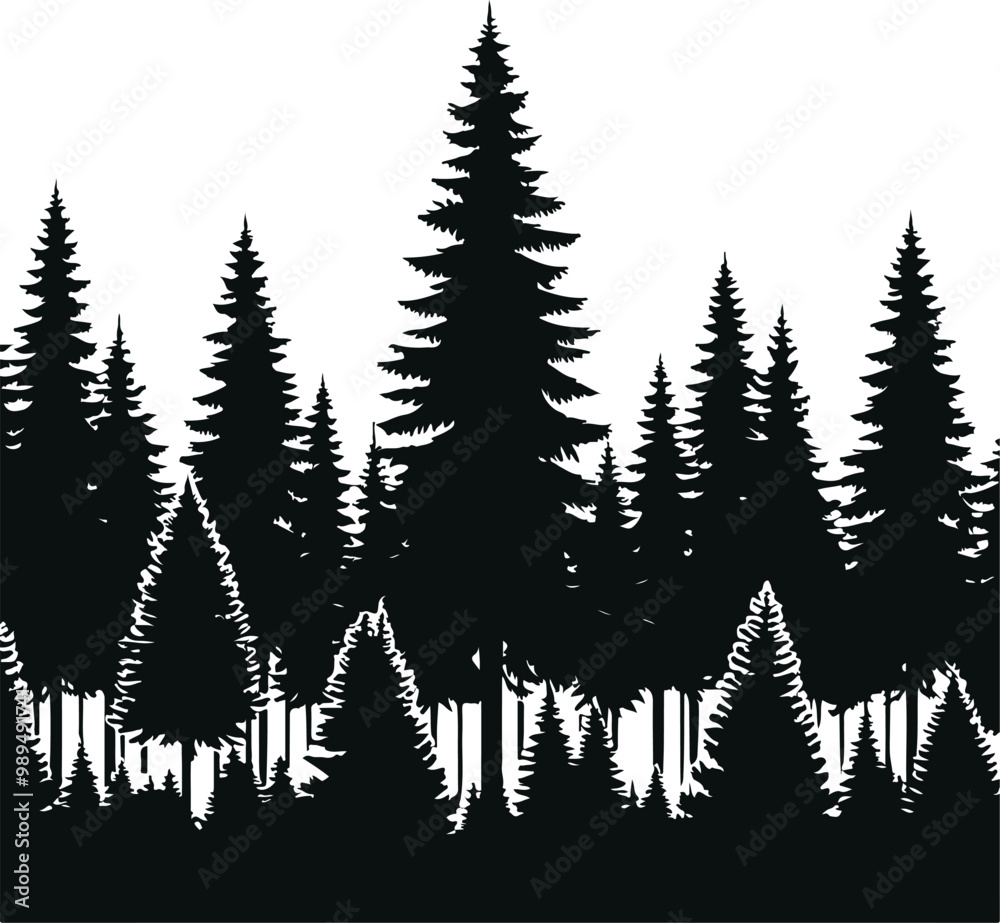 Obraz premium Hand Drawn Panorama Pine Tree Forest Glyph Icon Set Vector Illustration Design Silhouette Style On Isolated White Background