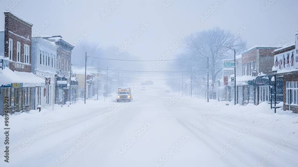 An American towns main street during a heavy snowfall no plows in sight roads left uncleared. An American towns main street during a heavy snowfall no plows in sight roads left uncleared.