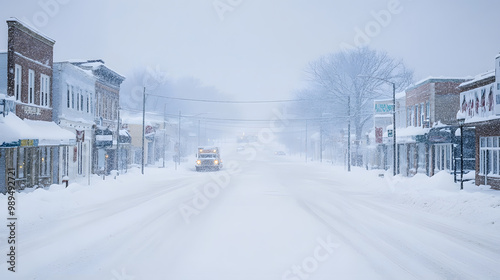 An American towns main street during a heavy snowfall no plows in sight roads left uncleared.