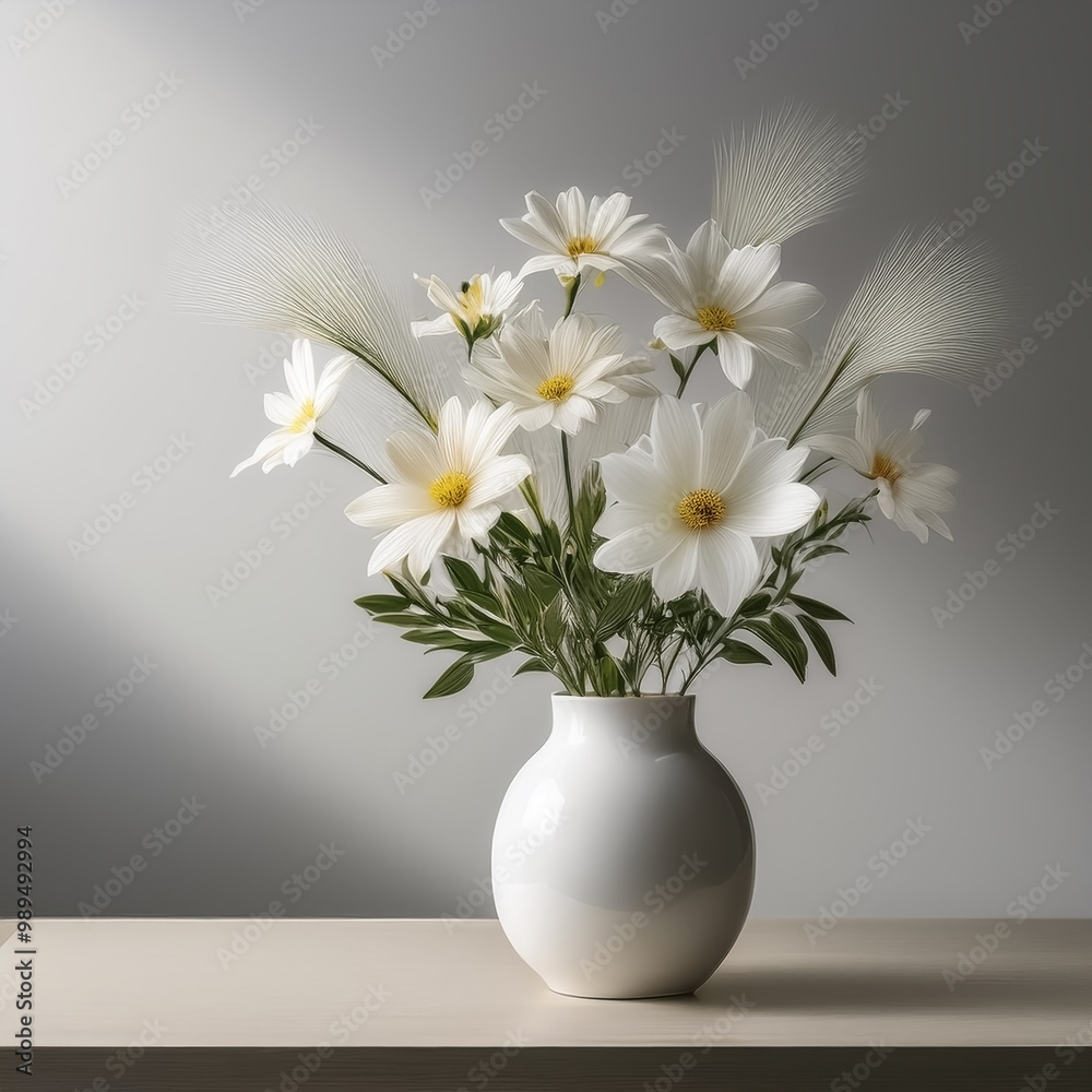 Fresh flowers in a simple vase on a table with a minimalist background Fresh flowers in a simple vase on a table with a minimalist background