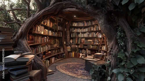 Whimsical hollow tree library with curved bookshelves, cozy reading nook, and magical forest ambiance, perfect for book lovers and fantasy enthusiasts