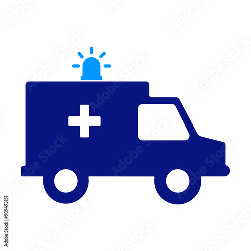 Blue ambulance icon with a cross symbol and siren light, representing emergency medical services and healthcare response, used in medical contexts and emergency systems.