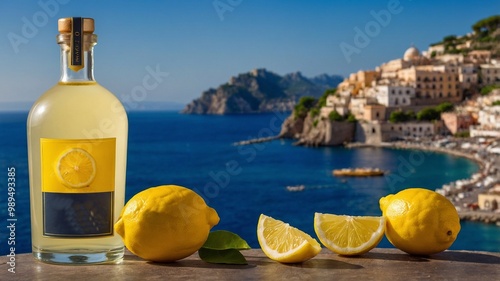 Italian limoncello, bottle of lemon liqueur with Amalfi coast and lemon trees in the background