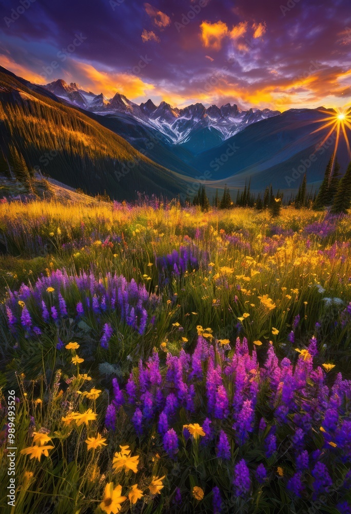 Obraz premium breathtaking vibrant sunrise illuminating untamed fields surrounded majestic mountains under open sky, landscape, nature, sunlight, horizon, clouds, light