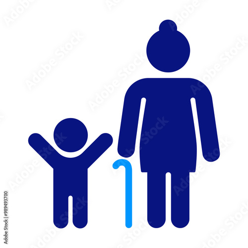 A child and grandmother standing together, the elder holding a cane, symbolizing intergenerational care, family bonds, and nurturing relationships, blue tones, minimalist design, simplicity in form.