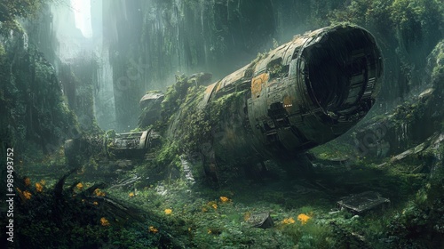 Fototapeta Naklejka Na Ścianę i Meble -  Massive abandoned spacecraft overgrown with lush vegetation in a misty jungle ravine, depicting nature reclaiming a forgotten relic of advanced technology