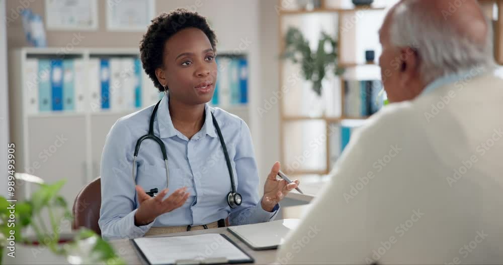 Black woman, doctor and explain documents for legal paperwork, consent forms or health insurance for surgery. People, consulting and medical administration for elderly care, agreement or contract
