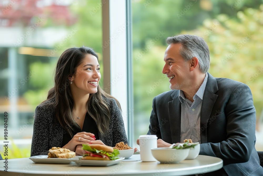 Two colleagues exchange smiles and enjoy lunch together at a modern café on a sunny day, creating a warm and friendly atmosphere Two colleagues exchange smiles and enjoy lunch together at a modern café on a sunny day, creating a warm and friendly atmosphere
