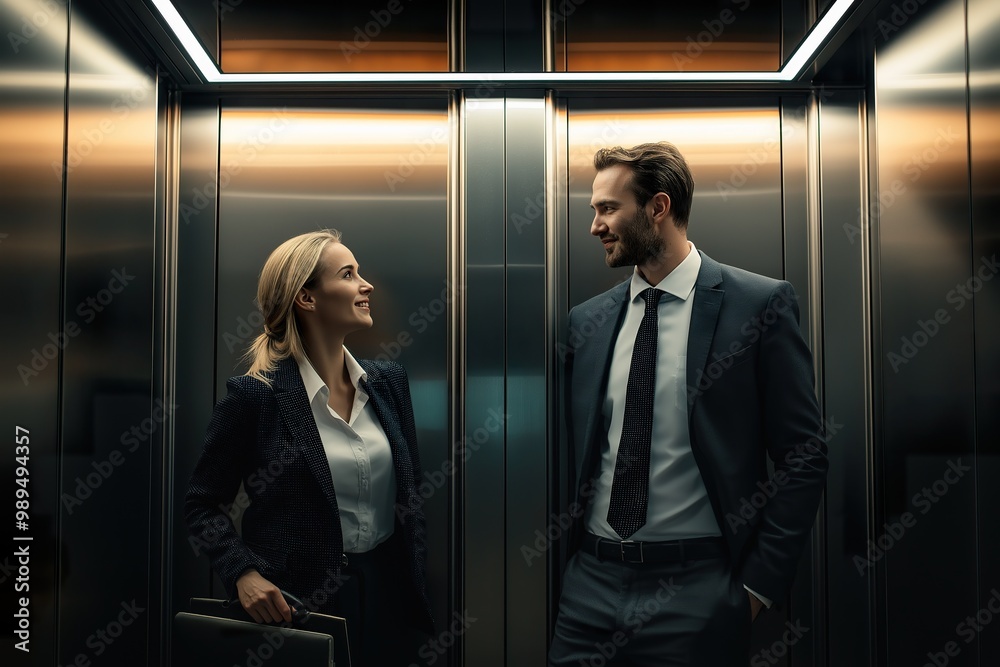 Two professionals sharing a light-hearted joke while riding an elevator in a modern office building during a busy workday Two professionals sharing a light-hearted joke while riding an elevator in a modern office building during a busy workday