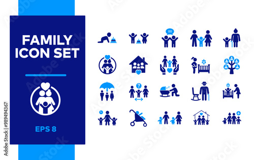 Family icon set representing family care, child protection, and household symbols in blue and white, emphasizing family love, support, and parent-child relationships in vector icons.