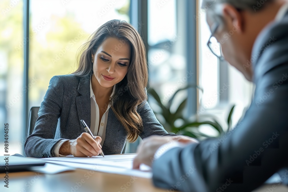 Professional woman signing a contract in a modern office setting during daytime, showcasing focused collaboration and important business decisions Professional woman signing a contract in a modern office setting during daytime, showcasing focused collaboration and important business decisions
