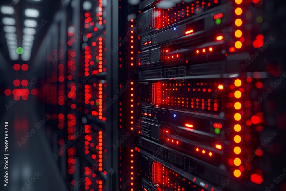 Server racks illuminated with red lights in a data technology center during operation at nighttime Server racks illuminated with red lights in a data technology center during operation at nighttime