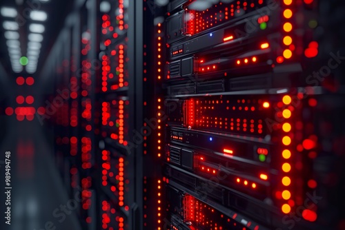 Server racks illuminated with red lights in a data technology center during operation at nighttime