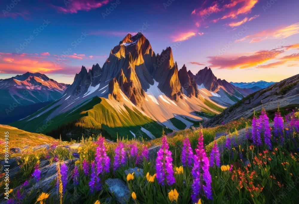 Obraz premium stunning vibrant mountain landscape illuminated radiant morning light majestic peaks clear blue skies, adventure, alpine, ascent, canyon, countryside, dawn