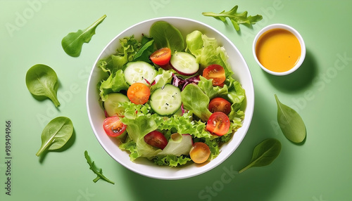 Fresh salad in a white bowl with dressing on the side isolated on a minimalist background