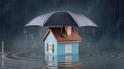 Home Insurance Concept: Small House with Umbrella Roof Surrounded by Water