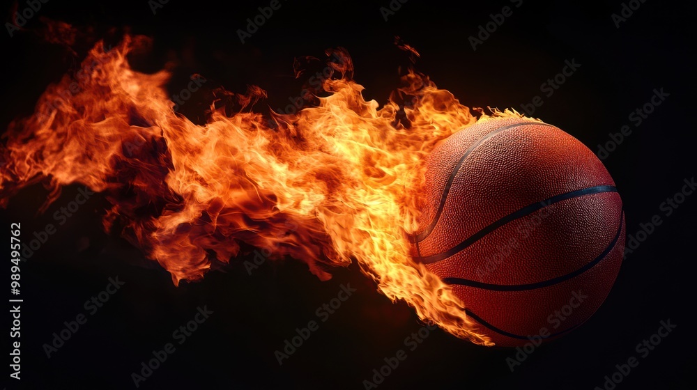 A basketball engulfed in flames, a fiery orange and red blaze erupting from the side and trailing behind it. A basketball engulfed in flames, a fiery orange and red blaze erupting from the side and trailing behind it.