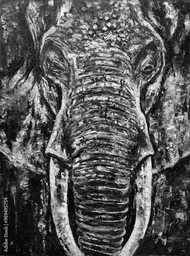 A big gray elephant. Oil painting of an African elephant 