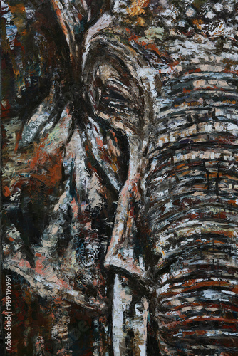 A big gray elephant. Oil painting of an African elephant 
