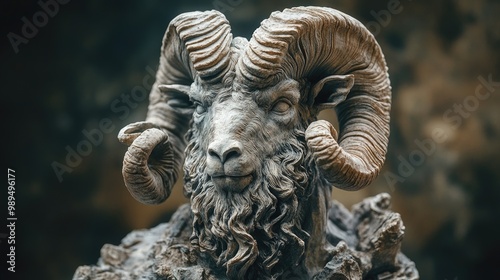 Close-up of a Stone Sculpture of a Ram with Large Curving Horns